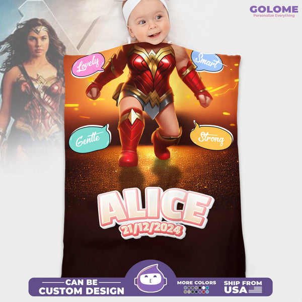 Personalized Baby Superhero Blanket – Wonder Girl Style with Custom Name, Date & Background Options